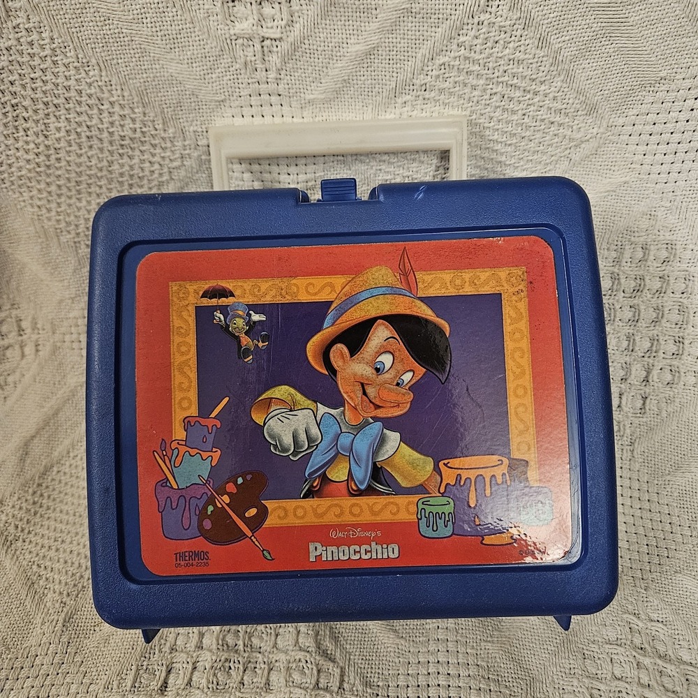 Vintage Disney Pinocchio Plastic Thermos Lunch Box Blue 90s Kidcore Handle